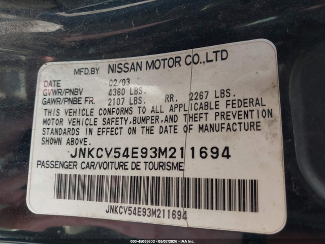 Aukcja sprzedaży 2003 Infiniti G35 Base W/leather, vin: JNKCV54E93M211694, numer aukcji: 45059602