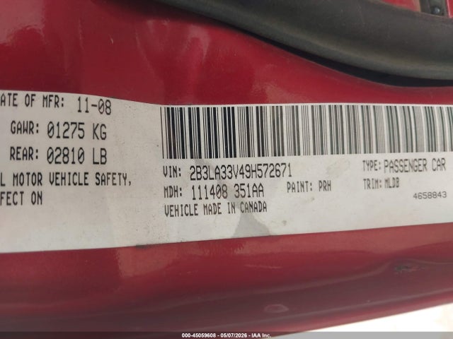 45059608 :رقم المزاد ، 2B3LA33V49H572671 vin ، 2009 Dodge Charger Sxt مزاد بيع