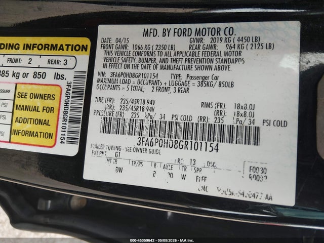 Продаж на аукціоні авто 2016 Ford Fusion Se, vin: 3FA6P0HD8GR101154, номер лоту: 45059642