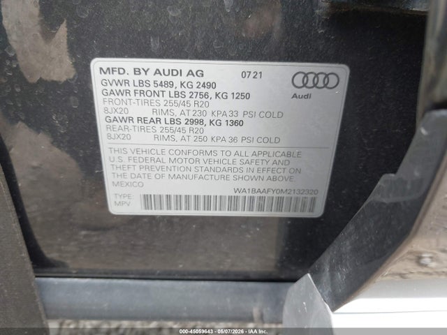 Auction sale of the 2021 Audi Q5 Premium Plus 45 Tfsi Quattro S Tronic, vin: WA1BAAFY0M2132320, lot number: 45059643