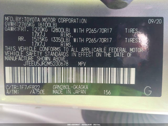Aukcja sprzedaży 2021 Toyota 4runner Sr5, vin: JTEEU5JR2M5230678, numer aukcji: 45059647