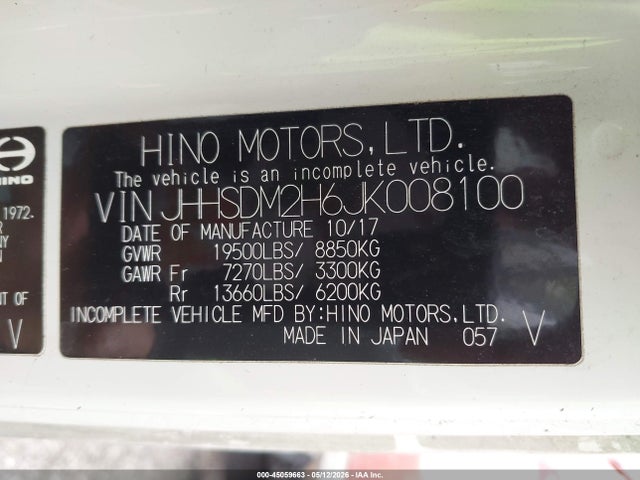 2018 Hino Xjc740/xfc740 მანქანა იყიდება აუქციონზე, vin: JHHSDM2H6JK008100, აუქციონის ნომერი: 45059663