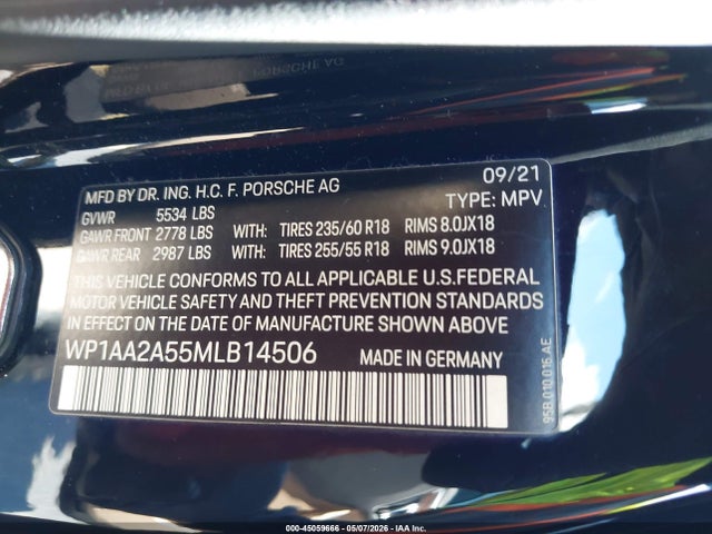 Aukcja sprzedaży 2021 Porsche Macan, vin: WP1AA2A55MLB14506, numer aukcji: 45059666