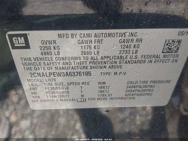 45059678 :رقم المزاد ، 2CNALPEW3A6376195 vin ، 2010 Chevrolet Equinox Lt مزاد بيع