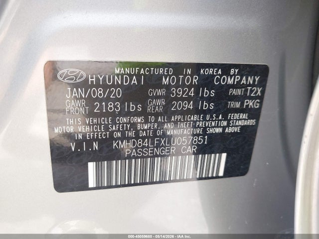 45059680 :رقم المزاد ، KMHD84LFXLU057851 vin ، 2020 Hyundai Elantra Sel مزاد بيع