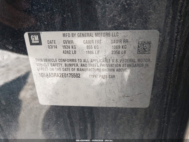 2014 Cadillac Ats Standard მანქანა იყიდება აუქციონზე, vin: 1G6AA5RA2E0175502, აუქციონის ნომერი: 45059681