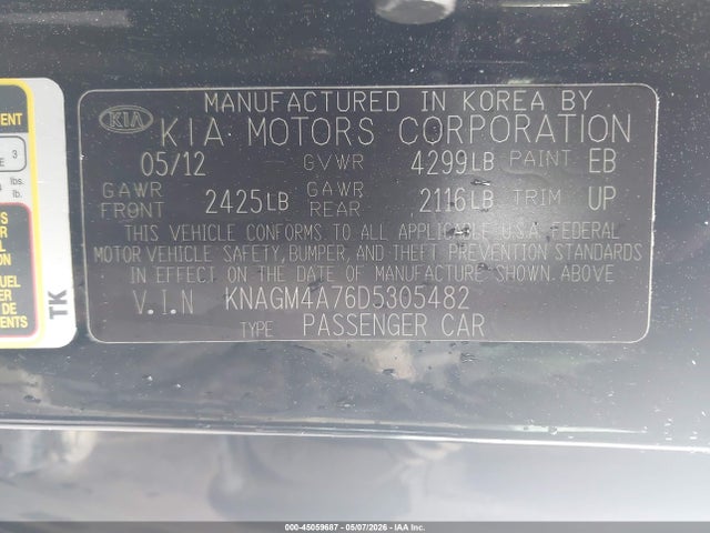 2013 Kia Optima Lx მანქანა იყიდება აუქციონზე, vin: KNAGM4A76D5305482, აუქციონის ნომერი: 45059687
