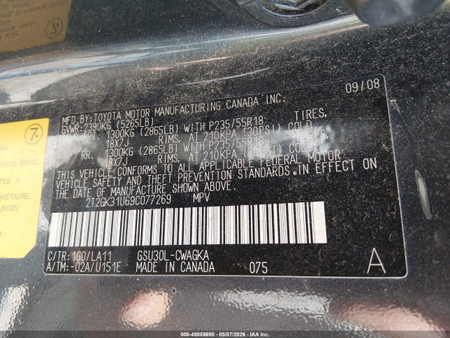 45059690 :رقم المزاد ، 2T2GK31U69C077269 vin ، 2009 Lexus Rx 350 مزاد بيع