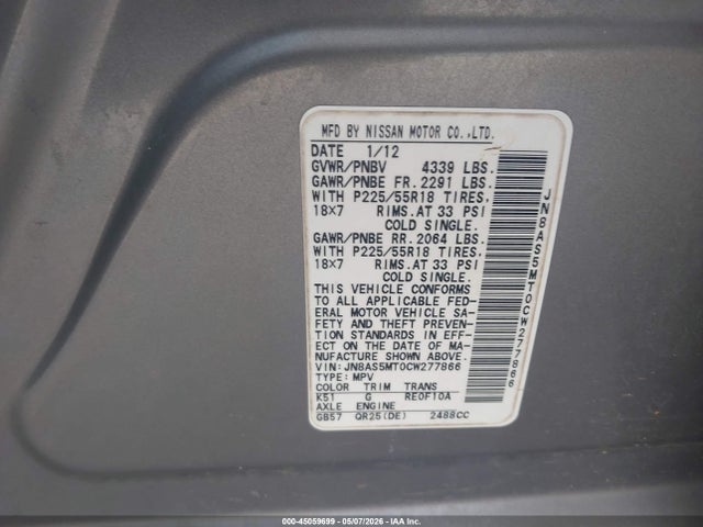 Auction sale of the 2012 Nissan Rogue Sv W/sl Pkg, vin: JN8AS5MT0CW277866, lot number: 45059699