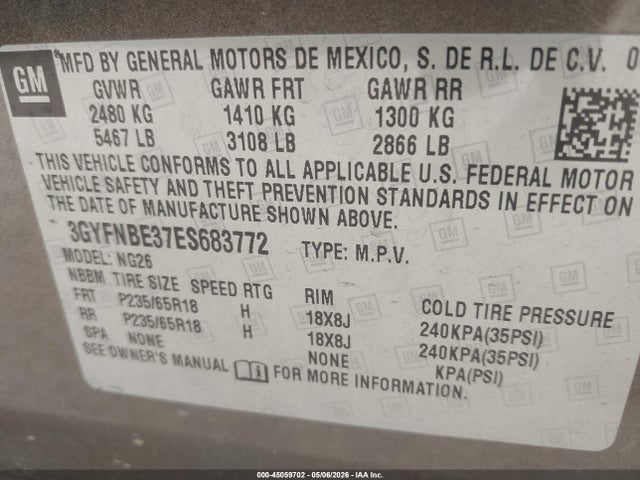 45059702 :رقم المزاد ، 3GYFNBE37ES683772 vin ، 2014 Cadillac Srx Luxury Collection مزاد بيع
