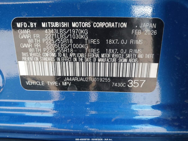 Aukcja sprzedaży 2026 Mitsubishi Outlander Sport 2.0 Es/2.0 Le/2.0 Ralliart/2.0 S/2.0 Se/2.0 Trail Edition, vin: JA4ARUAU2TU019255, numer aukcji: 45059709