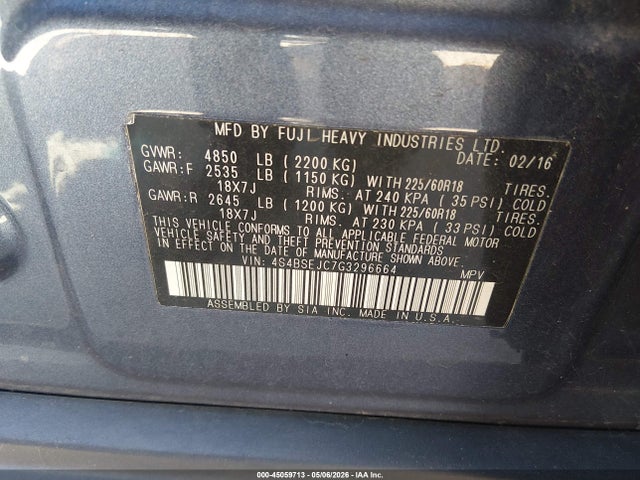 Продаж на аукціоні авто 2016 Subaru Outback 3.6r Limited, vin: 4S4BSEJC7G3296664, номер лоту: 45059713