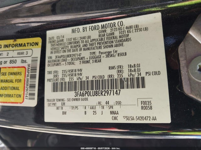 45059716 :رقم المزاد ، 3FA6P0LU8ER297147 vin ، 2014 Ford Fusion Hybrid Se مزاد بيع