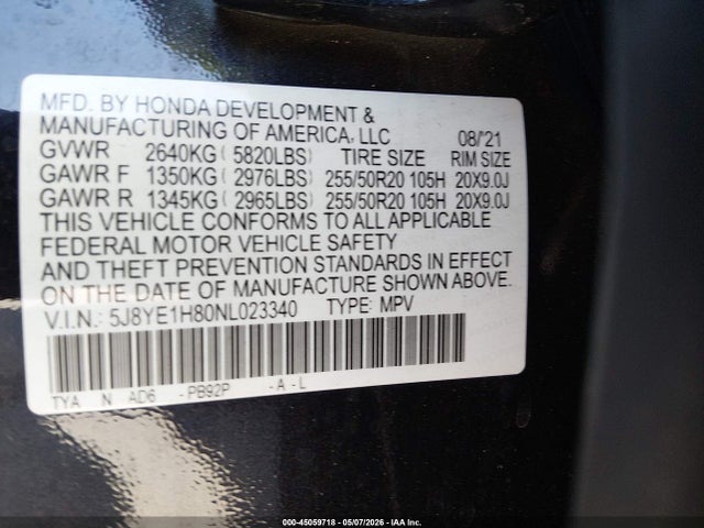 Aukcja sprzedaży 2022 Acura Mdx Advance Package, vin: 5J8YE1H80NL023340, numer aukcji: 45059718