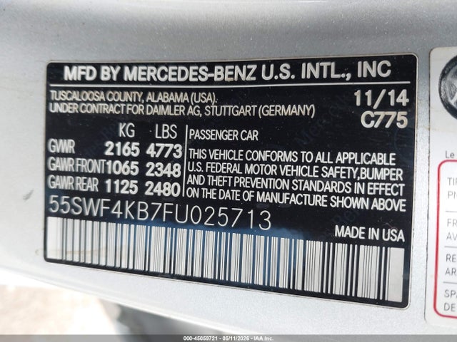 2015 Mercedes-benz C 300 Luxury 4matic მანქანა იყიდება აუქციონზე, vin: 55SWF4KB7FU025713, აუქციონის ნომერი: 45059721
