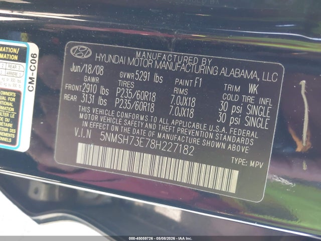 Продаж на аукціоні авто 2008 Hyundai Santa Fe Limited/se, vin: 5NMSH73E78H227182, номер лоту: 45059726