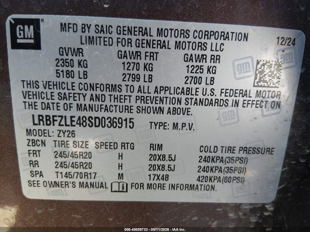45059732 :رقم المزاد ، LRBFZLE48SD036915 vin ، 2025 Buick Envision Sport Touring Awd مزاد بيع