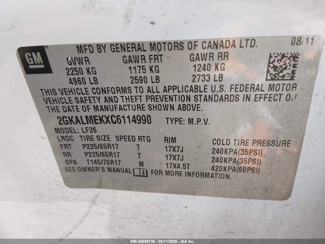 2012 Gmc Terrain Sle-1 მანქანა იყიდება აუქციონზე, vin: 2GKALMEKXC6114990, აუქციონის ნომერი: 45059736