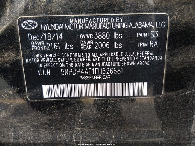 Aukcja sprzedaży 2015 Hyundai Elantra Se, vin: 5NPDH4AE1FH626681, numer aukcji: 45059740