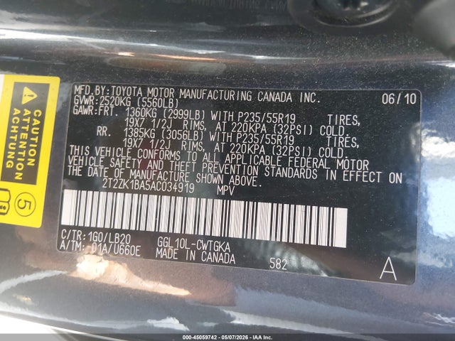 Aukcja sprzedaży 2010 Lexus Rx 350, vin: 2T2ZK1BA5AC034919, numer aukcji: 45059742