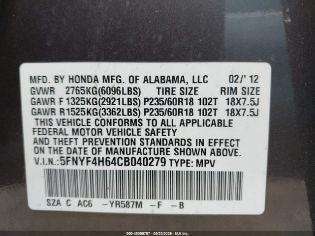 45059757 :رقم المزاد ، 5FNYF4H64CB040279 vin ، 2012 Honda Pilot Ex-l مزاد بيع