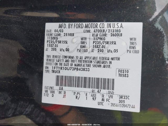 Продажа на аукционе авто 2003 Ford Ranger Edge/xl/xlt, vin: 1FTYR10U73PB43833, номер лота: 45059759