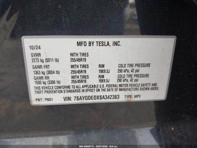 2025 Tesla Model Y Long Range Dual Motor Rear-wheel Drive მანქანა იყიდება აუქციონზე, vin: 7SAYGDEDXSA342383, აუქციონის ნომერი: 45059772