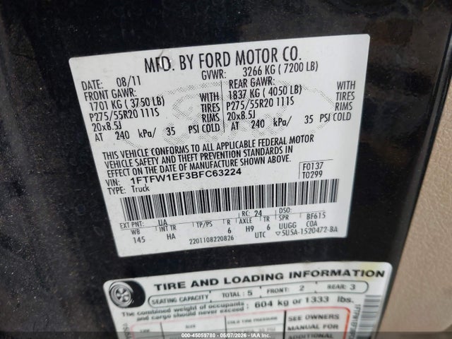 2011 Ford F-150 Lariat მანქანა იყიდება აუქციონზე, vin: 1FTFW1EF3BFC63224, აუქციონის ნომერი: 45059780