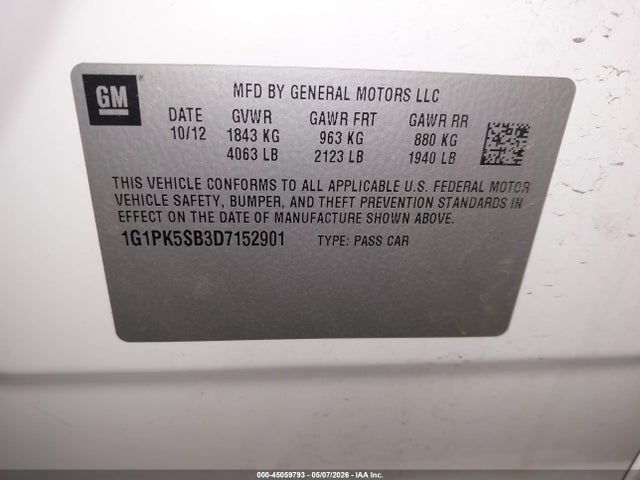 2013 Chevrolet Cruze Lt მანქანა იყიდება აუქციონზე, vin: 1G1PK5SB3D7152901, აუქციონის ნომერი: 45059793