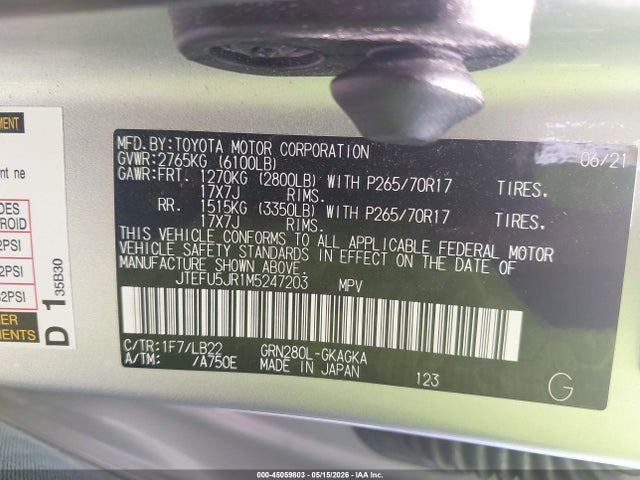JTEFU5JR1M5247203 Toyota 4runner Sr5 Premium