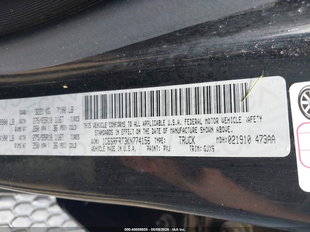 45059805 :رقم المزاد ، 1C6SRFRT3KN774156 vin ، 2019 Ram 1500 Laramie  4x4 6'4 Box مزاد بيع