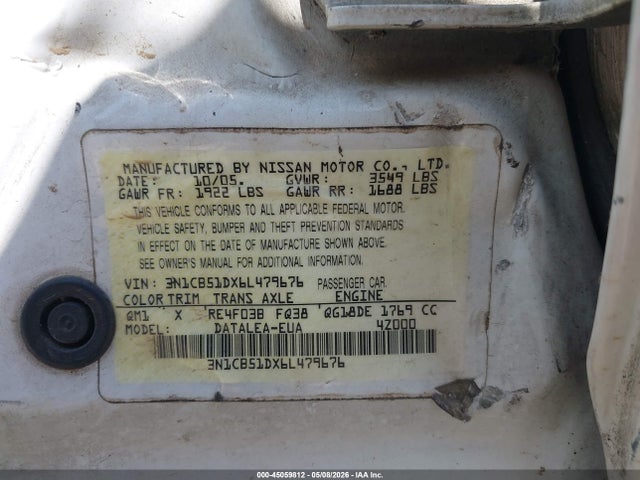 Продаж на аукціоні авто 2006 Nissan Sentra 1.8s, vin: 3N1CB51DX6L479676, номер лоту: 45059812