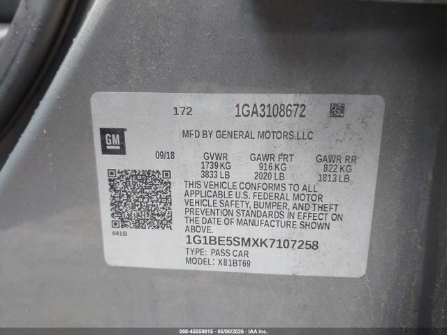 45059815 :رقم المزاد ، 1G1BE5SMXK7107258 vin ، 2019 Chevrolet Cruze Lt مزاد بيع