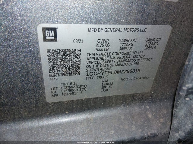 45059830 :رقم المزاد ، 1GCPYFEL0MZ286818 vin ، 2021 Chevrolet Silverado 1500 4wd  Short Bed Lt Trail Boss مزاد بيع