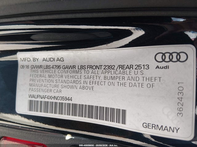 2017 Audi A4 2.0t Premium მანქანა იყიდება აუქციონზე, vin: WAUFNAF4XHN035944, აუქციონის ნომერი: 45059850