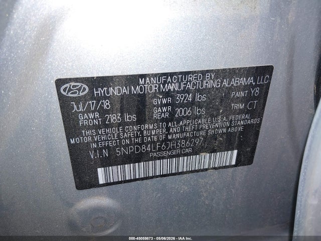 2018 Hyundai Elantra Sel მანქანა იყიდება აუქციონზე, vin: 5NPD84LF6JH386297, აუქციონის ნომერი: 45059873