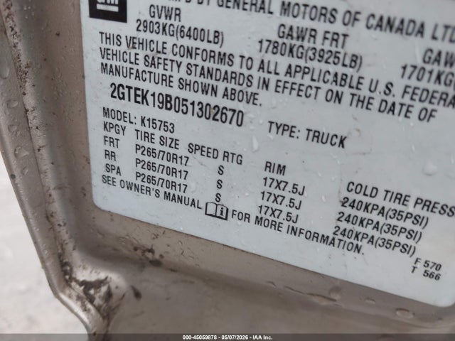Продаж на аукціоні авто 2005 Gmc Sierra 1500 Slt, vin: 2GTEK19B051302670, номер лоту: 45059878