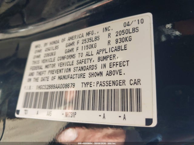 45059884 :رقم المزاد ، 1HGCS2B89AA008679 vin ، 2010 Honda Accord 3.5 Ex-l مزاد بيع