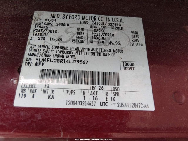 Aukcja sprzedaży 2004 Lincoln Navigator, vin: 5LMFU28R14LJ29567, numer aukcji: 45059890