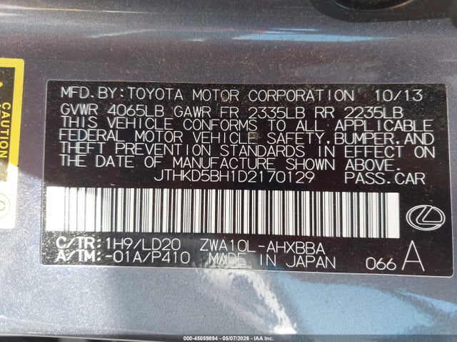 45059894 :رقم المزاد ، JTHKD5BH1D2170129 vin ، 2013 Lexus Ct 200h مزاد بيع