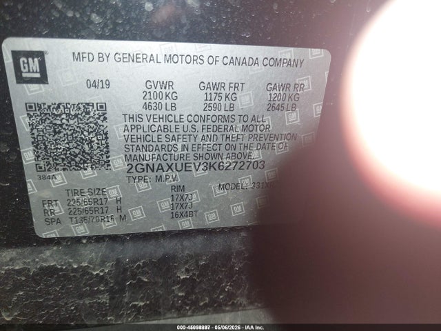 Продаж на аукціоні авто 2019 Chevrolet Equinox Lt, vin: 2GNAXUEV3K6272703, номер лоту: 45059897