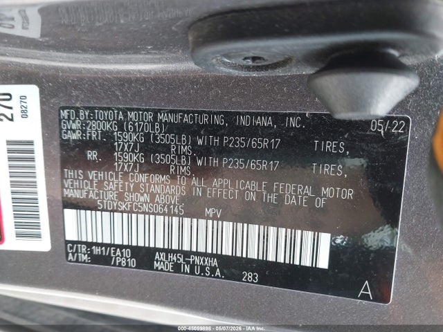 45059898 :رقم المزاد ، 5TDYSKFC5NS064145 vin ، 2022 Toyota Sienna Xle مزاد بيع