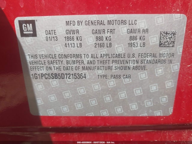 2013 Chevrolet Cruze 1lt Auto მანქანა იყიდება აუქციონზე, vin: 1G1PC5SB5D7215364, აუქციონის ნომერი: 45059900