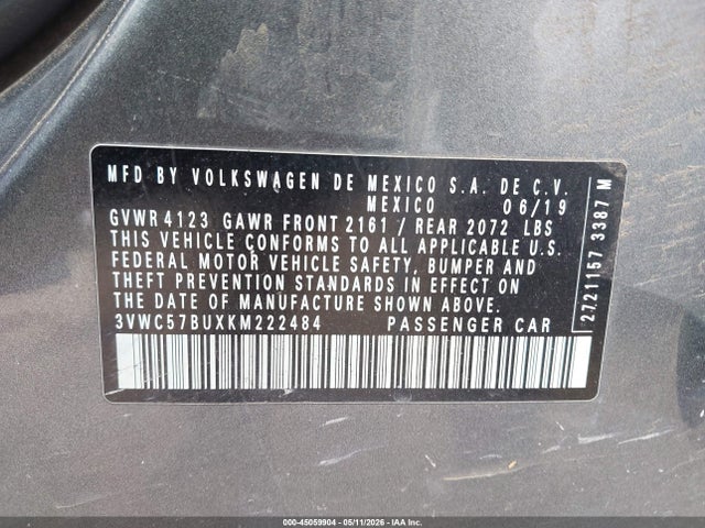 Продажа на аукционе авто 2019 Volkswagen Jetta 1.4t R-line/1.4t S/1.4t Se, vin: 3VWC57BUXKM222484, номер лота: 45059904