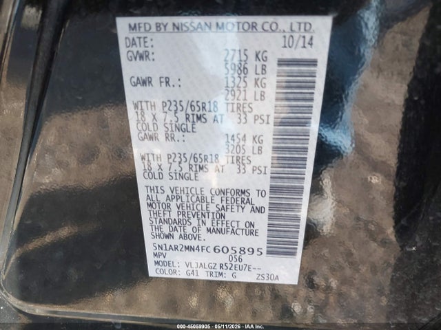 5N1AR2MN4FC605895 Nissan Pathfinder Sl