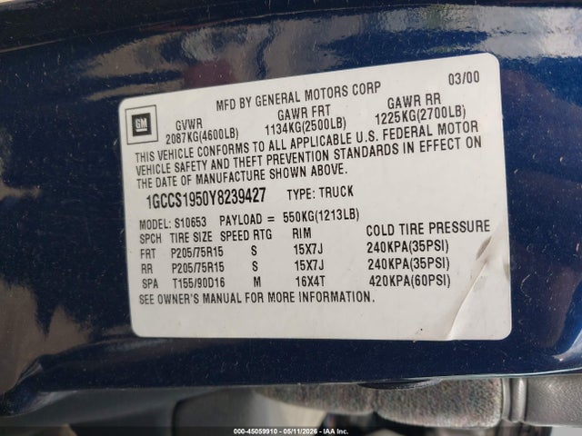 Продаж на аукціоні авто 2000 Chevrolet S-10 Ls, vin: 1GCCS1950Y8239427, номер лоту: 45059910