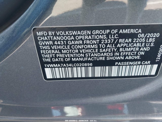 45059913 :رقم المزاد ، 1VWMA7A34LC020896 vin ، 2020 Volkswagen Passat 2.0t R-line مزاد بيع