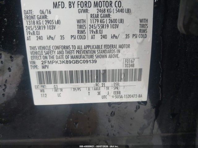 Aukcja sprzedaży 2016 Ford Edge Titanium, vin: 2FMPK3K89GBC09139, numer aukcji: 45059921