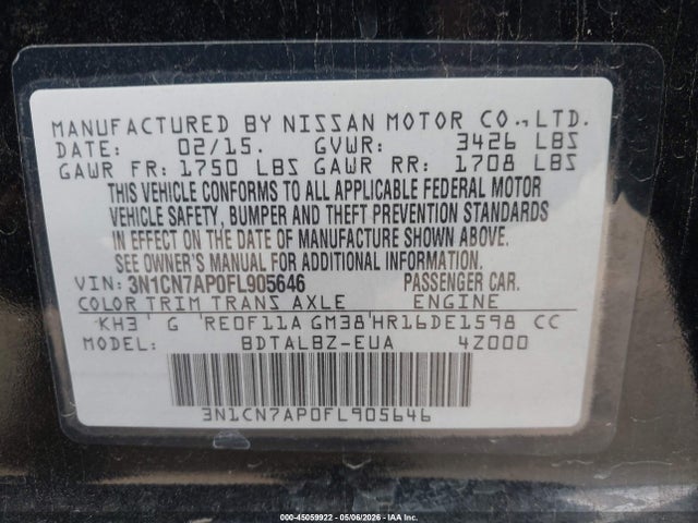 45059922 :رقم المزاد ، 3N1CN7AP0FL905646 vin ، 2015 Nissan Versa 1.6 S/1.6 S+/1.6 Sl/1.6 Sv مزاد بيع