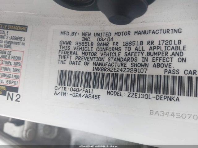 45059933 :رقم المزاد ، 1NXBR32E24Z329107 vin ، 2004 Toyota Corolla Le مزاد بيع